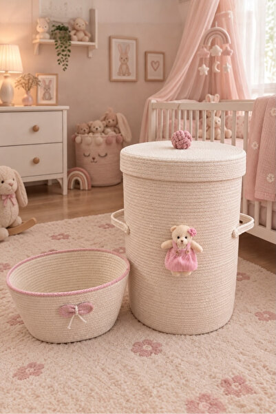 Bohemahomedecor Ekru bebek çocuk oyuncak sepeti çamaşır sepeti çok amaçlı düz...