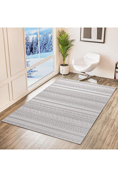 Obsidian Vintage Etnik Desen Dokuma Taban Antialerjik Yatak Odası & Salon Halısı - Gri 100 x 300 cm