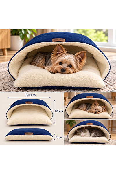 Aurora Pets 2’si 1 Arada Mağara Köpek Kedi Yatağı 60x50 cm – Peluş Kapalı ve Açık Pet Yatağı Lacivert