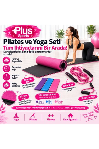 PLUSSPORT 10 MM PİLATES MİNDERİ + 3'LÜ DİRENÇ BANDI + ATLAMA İPİ + KELEBEK Dİ...