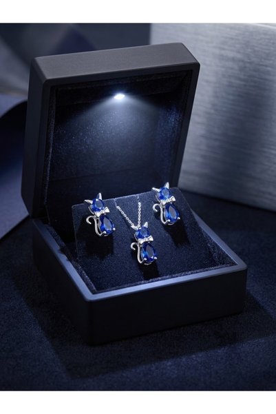 Papatya Silver 925 Ayar Gümüş Zarif Kişiye Özel Doğum Taşlı Kedi Kolye Küpe Set.rose.gold.rodaj Renk Seçeneği