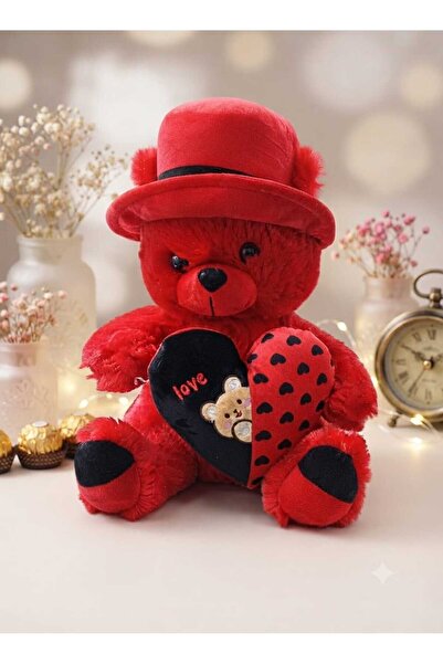 sea gulf Red Color Plush Teddy Bear Wearing a Red Fashion Hat and Holding a V...