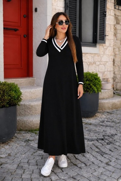 moda wanilia Γυναικείο χειμερινό φόρεμα με λαιμόκοψη V, με λεπτομέρεια από ρι...