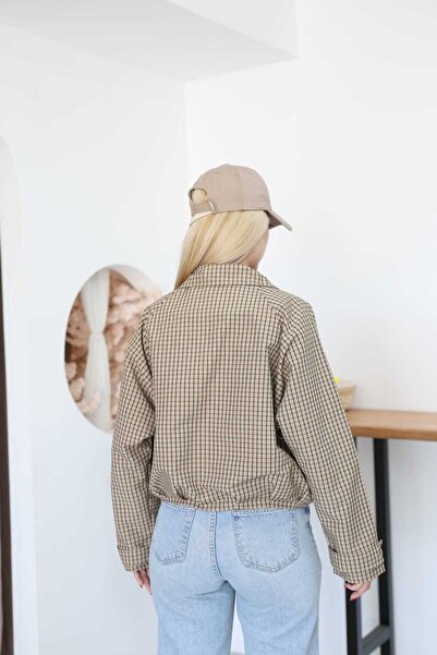 Moda Palmiss Ekose Desenli Fermuarlı Dik Yaka Uzun Kollu Oversize Bomber Ceket