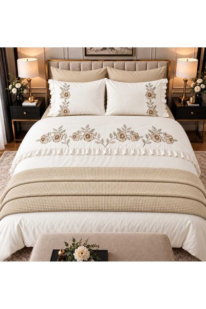İK TEKSTİL Rosalin 100% Cotton Embroidered Rose Detailed and Ruffled 7 Piece Duvet Cover Set |   Premium Set