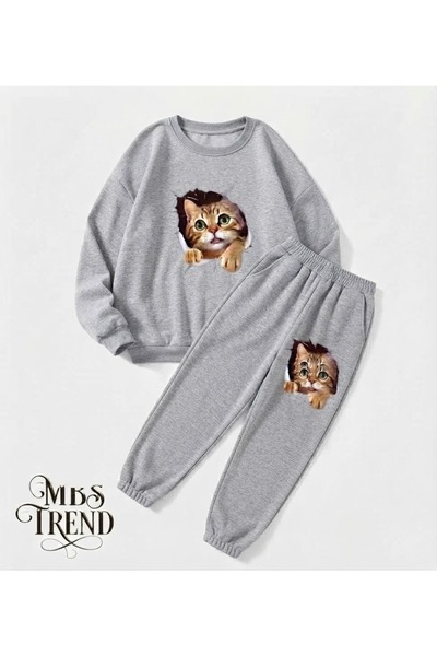 Kids Winter Girl's Gray Cute Cat Printed Oversized Sweatshirt and Sweatpants ...