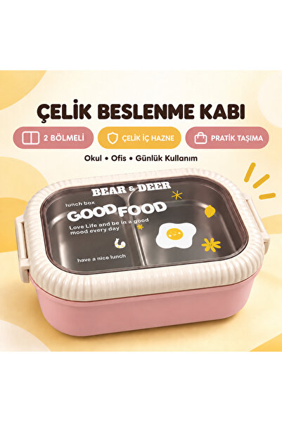 B&D İki Bölmeli Çelik Beslenme Kabı Kaşıklı Okul ve Ofis Yemek Kutusu