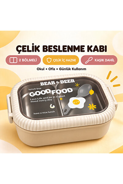 B&D İki Bölmeli Çelik Beslenme Kabı Kaşıklı Okul ve Ofis Yemek Kutusu