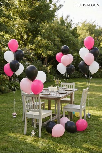 FESTİVALOON 20-Piece Pink Fuchsia Black and White Balloon Set Baby Shower Birthday Party Decoration Celebration and Event Decor