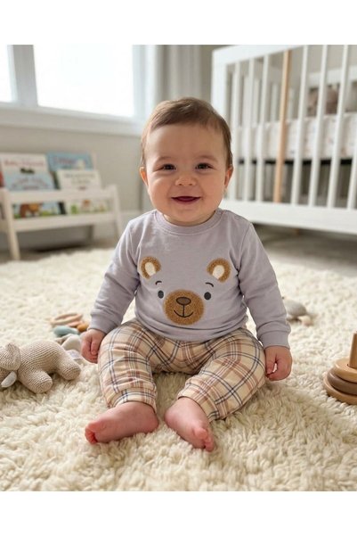 Egelite Baby Boy Cute Set with Teddy Bear Embroidery and Plaid Pants for 3-6-...