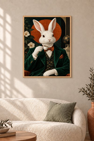 HOPE DİZAYN Beyaz Tavşan Vintage Portre Ahşap Çerçeveli Dekoratif Salon Duvar...