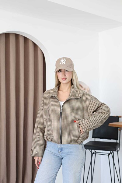 Moda Palmiss Μπουφάν bomber με καρό σχέδιο, φερμουάρ, ψηλό γιακά, μακριά μανί...