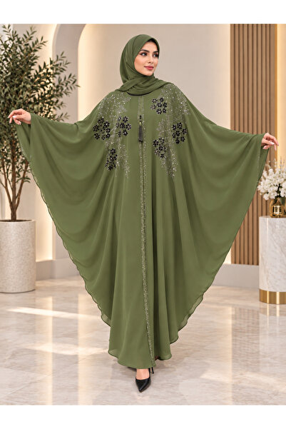 Generic Brand Olive Green Butterfly Abaya with Floral Embroidery & Crystal De...
