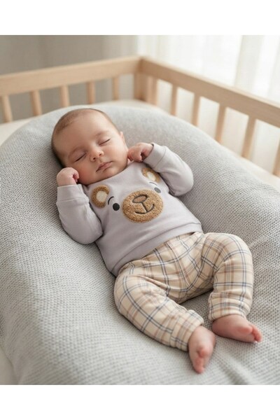 Ege Bebek Baby Boy Cute Set with Teddy Bear Embroidery and Plaid Pants for 3-...