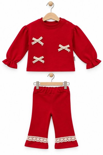 İŞLERKİDS Baby Girl 2-Piece Set Red Ruffle Sleeve Bow Sweatshirt Lace Detailed Trousers