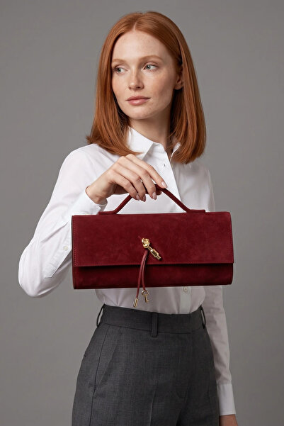 Hakiki Süet Bordo Deri Zincir Askılı Kadın Clutch Çanta – Portföy Omuz Çantası