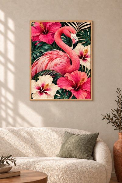 HOPE DİZAYN Pembe Flamingo ve Tropikal Çiçekler Ahşap Çerçeveli Dekoratif Duv...
