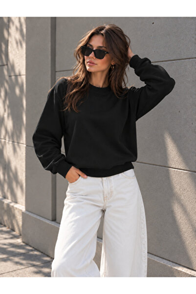 Warasiva Γυναικείο μαύρο φούτερ από ύφασμα Modal Oversize Basic με λαιμόκοψη ...