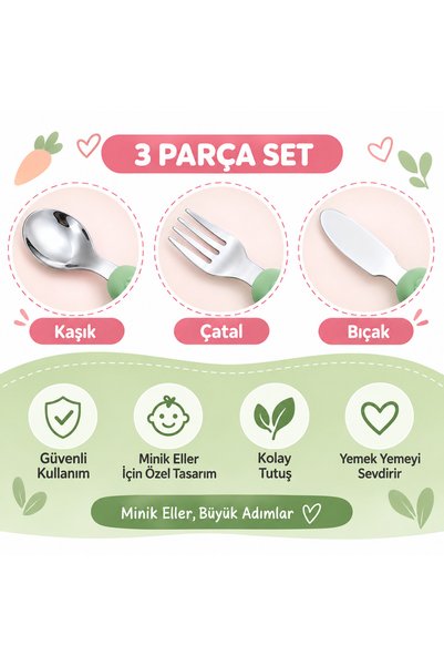 jojobebek Green Color Figured Premium Children's Bpa Free Stainless Steel Fork-Spoon-Knife Set 12+ Months