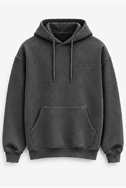 Antrasit Never Look Back Kapüşonlu Sweatshirt