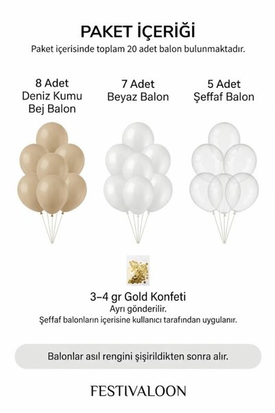 FESTİVALOON Sea Sand Beige White 20 Pieces Balloons with Gold Confetti Transparent Balloon Promise Engagement Birthday Baby Shower Stylish Decoration Set