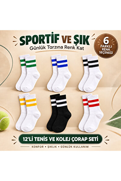 12’li Çizgili Tenis / Kolej Çorabı Seti – 6 Farklı Renk