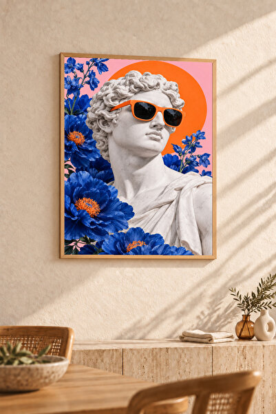 HOPE DİZAYN David Heykeli Turuncu Gözlük Ahşap Çerçeveli Pop Art Duvar Tablosu