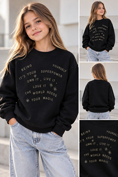 Kız Çocuksiyah ve Krem Renk Sweatshirt – Bisiklet Yaka, Taş Baskılı, Oversize Günlük Sweat