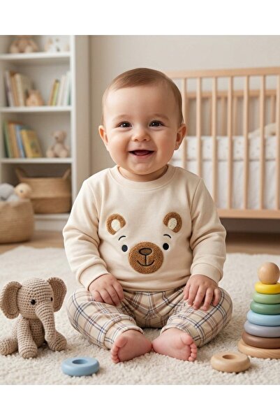 Egelite Baby Boy Cute Set with Teddy Bear Embroidery and Plaid Pants for 3-6-...