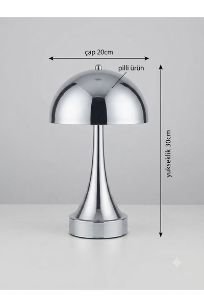 poplinhome Krom Metal Mantar Başlıklı Pilli Kablosuz Masa Lambası 30 cm - Kon...