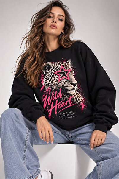 Lizbon Style Kadın Siyah Oversize 3 Iplik Bisiklet Yaka Kaplan Baskılı Sweatshirt - Siyah