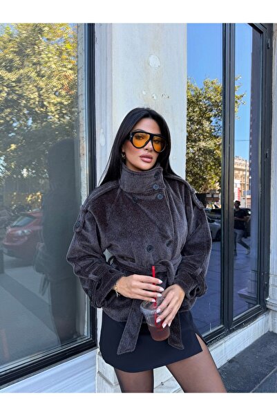 Şeker Portakalım Preminum Velvet Texture Double Breasted Oversize Cut Belted ...