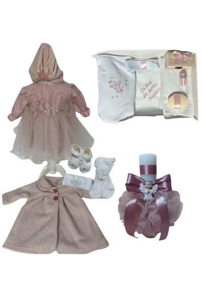 Botez cu Alina Set complet botez fetita Sara cu fluturasi- pudra cu palton