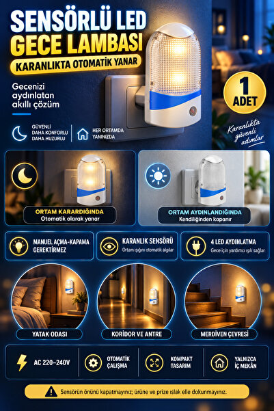 Hane Dostu 4 LED Sensörlü Priz Tipi Gece Lambası Otomatik Karanlıkta Yanan Fo...