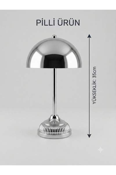 poplinhome Krom Metal Mantar Başlıklı Pilli Kablosuz Masa Lambası 35 cm - Des...