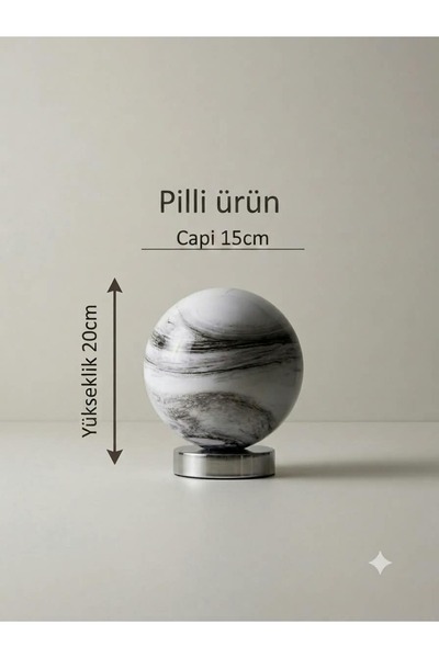 poplinhome Mermer Desenli Glop Camlı Pilli Kablosuz Masa Lambası 20 cm - Küre...