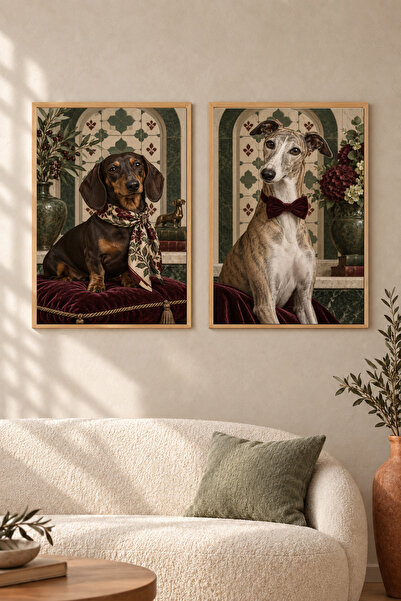 HOPE DİZAYN Şık Köpek Portreleri Vintage Ahşap Çerçeveli İkili Dekoratif Duva...