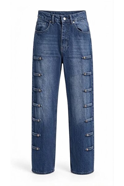 Köstebek Striped Buttoned High Waist Stoned Fabric Jeans