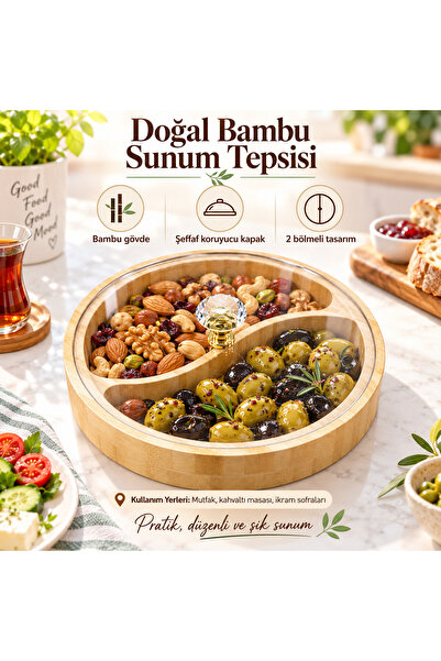 Bambu Bölmeli Kapaklı Sunumluk Kahvaltılık Kuruyemişlik Çerezlik Şeffaf Kapaklı