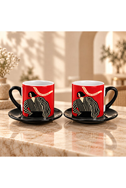 AION CASA Red Artistic Patterned Turkish Coffee Cup with Black Saucer, Set of 2