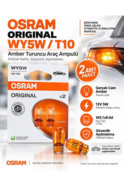 Osram Original WY5W T10 12V 5W Amber Turuncu Cam Sinyal Yan Sinyal Ampulü 2 Adet