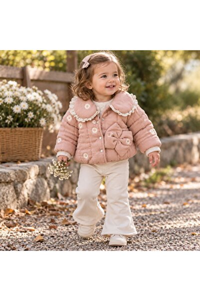 Pure Boutique Costum bebe 3 piese roz pudra cu geaca imblanita, bluza si pant...