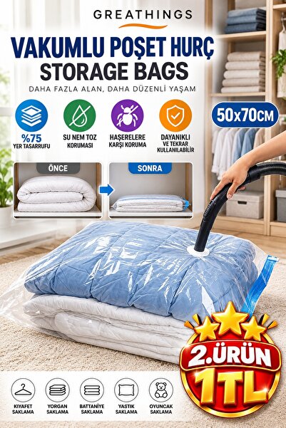 Greathings 50x70 cm Vakumlu Hurç Poşet %75 Yer Tasarruflu Yorgan Kıyafet Sakl...