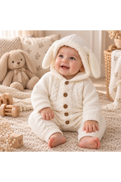 Pure Boutique Salopeta bebe tricotata ivory imblanita cu gluga si urechiuse