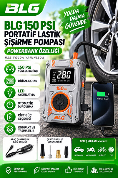BLG ELEKTROİNK 150 PSI Şarjlı Portatif Lastik Şişirme Pompası, Dijital Ekranl...
