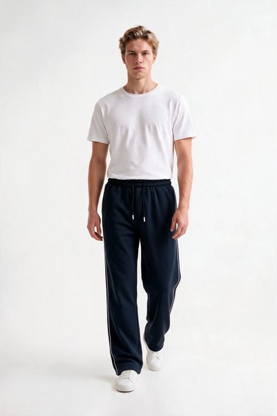 VESTRO Men's Baggy Black Sweatpants Winter Style with Side Piping and Zipper ...