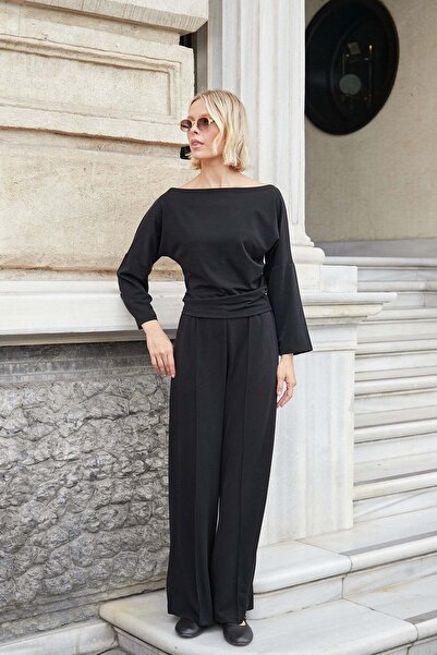 Jument Women's Modal Scuba High Waist Pocketed Wide Leg Pants-Black