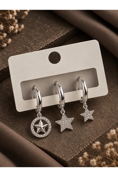 serelya Brass Zircon Stone Star Model Silver Color 3-Piece Double Women's Ear...
