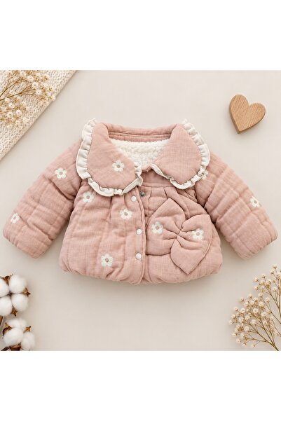 Pure Boutique Costum bebe 3 piese roz pudra cu geaca imblanita, bluza si pantaloni evazati