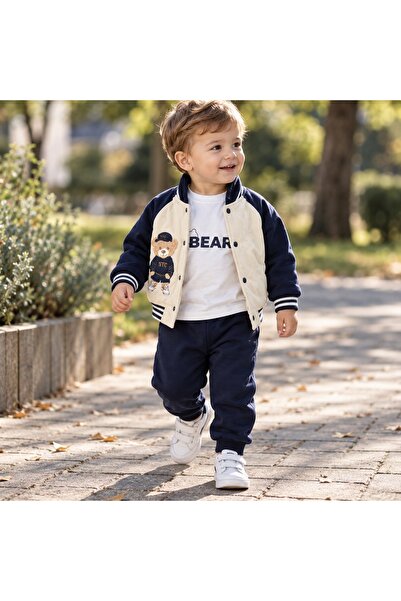 Pure Boutique Costum bebe 3 piese bleumarin cu geaca matlasata, bluza Bear si...
